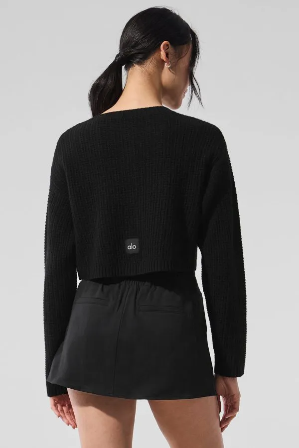 Cashmere Plush Waffle Cardigan - Black